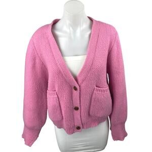 Olivaceous Women Pink Long Sleeve Pocket Knit Button Up Cardigan Sweater Top S/M